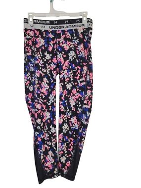 Under Armour Girl's Printed Athletic Leggings - Black with Pink & Blue Pattern